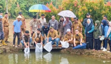 Wawako Sungai Penuh Azhar Hamzah menyerahkan bantuan 12 ribu benih ikan nila kepada Pokdakan Kayangan di Desa Renah Kayu Embun