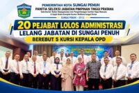 Sebanyak 20 pejabat dinyatakan lolos seleksi administrasi lelang Jabatan Pimpinan Tinggi (JPT) Pratama di lingkungan Pemerintah Kota Sungai Penuh. Mereka akan mengikuti tahapan seleksi untuk memperebutkan lima posisi kepala OPD.