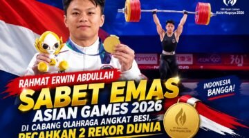 Rahmat Erwin Abdullah meraih medali emas cabang olahraga angkat besi Asian Games 2026 sekaligus mencatatkan dua rekor dunia.