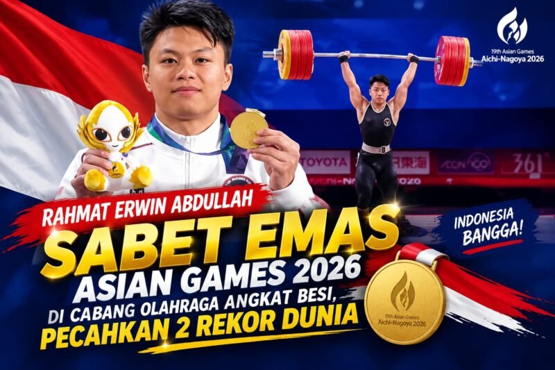 Rahmat Erwin Abdullah meraih medali emas cabang olahraga angkat besi Asian Games 2026 sekaligus mencatatkan dua rekor dunia.