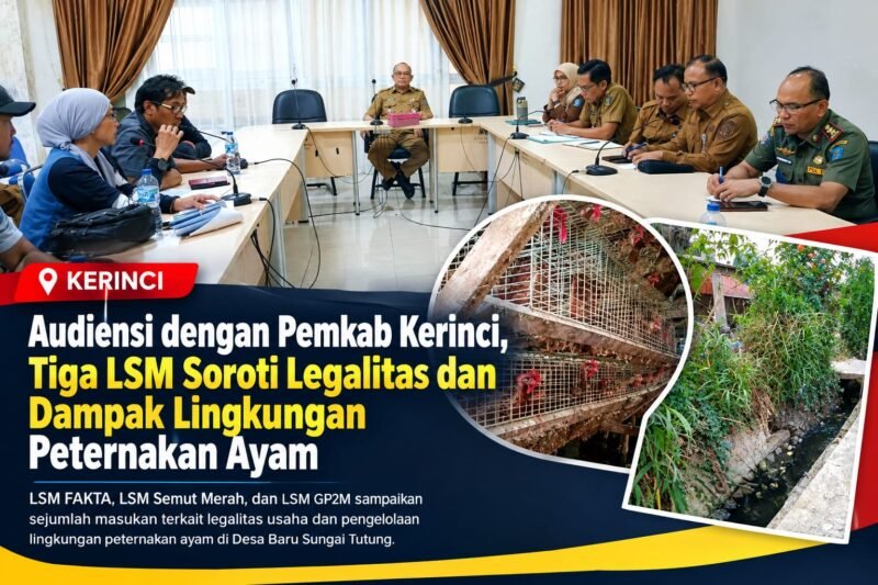 Audiensi Pemkab Kerinci bersama LSM FAKTA, LSM Semut Merah dan LSM GP2M membahas legalitas serta dugaan dampak lingkungan peternakan ayam di Desa Baru Sungai Tutung.