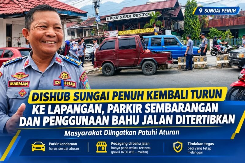 Dishub Kota Sungai Penuh melakukan penertiban parkir dan pengawasan penggunaan bahu jalan di kawasan perkotaan untuk menjaga kelancaran arus lalu lintas.