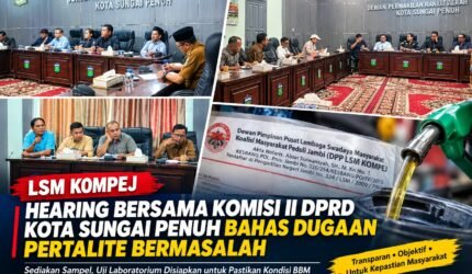 LSM Kompej dan Komisi II DPRD Kota Sungai Penuh menggelar hearing membahas dugaan BBM Pertalite bermasalah di SPBU Pelayang Raya.