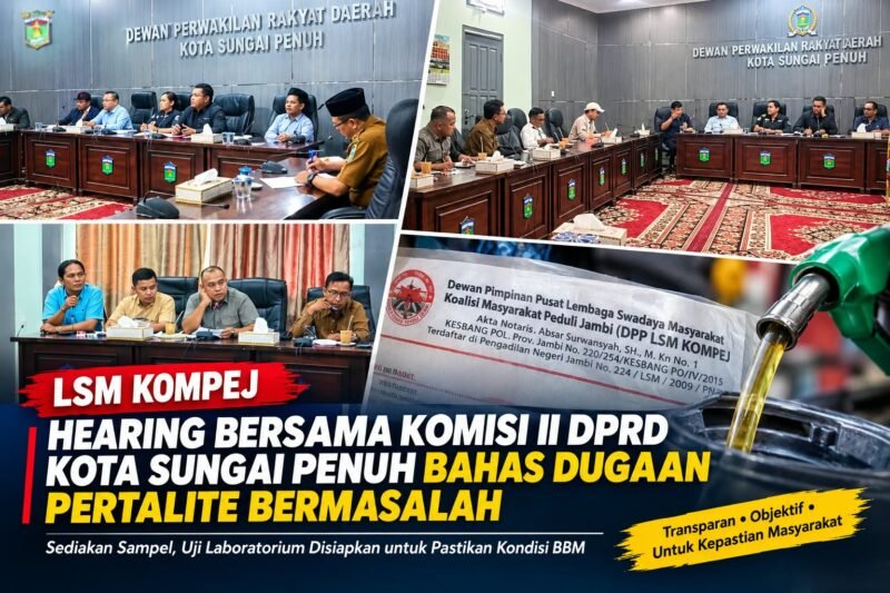 LSM Kompej bersama Komisi II DPRD Kota Sungai Penuh menggelar hearing membahas dugaan Pertalite bermasalah dan rencana uji laboratorium untuk memperoleh kepastian berdasarkan hasil pemeriksaan.