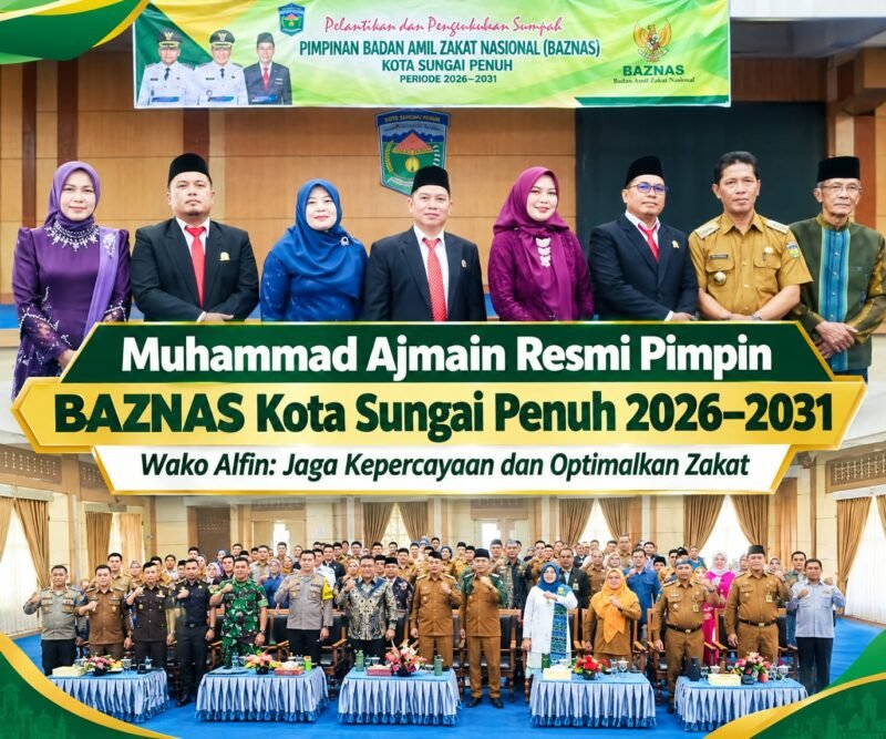 Wali Kota Sungai Penuh Alfin melantik Muhammad Ajmain sebagai Ketua BAZNAS Kota Sungai Penuh periode 2026–2031 di Aula Kantor Wali Kota Sungai Penuh.