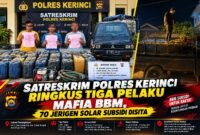 Polres Kerinci mengungkap dugaan penyalahgunaan BBM subsidi dengan mengamankan tiga tersangka dan menyita 70 jerigen solar subsidi beserta kendaraan pikap yang telah dimodifikasi di wilayah Kota Sungai Penuh.