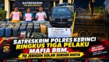 Polres Kerinci mengungkap dugaan penyalahgunaan BBM subsidi dengan mengamankan tiga tersangka dan menyita 70 jerigen solar subsidi beserta kendaraan pikap yang telah dimodifikasi di wilayah Kota Sungai Penuh.