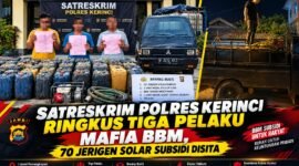Polres Kerinci mengungkap dugaan penyalahgunaan BBM subsidi dengan mengamankan tiga tersangka dan menyita 70 jerigen solar subsidi beserta kendaraan pikap yang telah dimodifikasi di wilayah Kota Sungai Penuh.