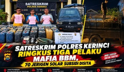 Satreskrim Polres Kerinci mengamankan tiga tersangka dan menyita 70 jerigen solar subsidi, mobil pikap Mitsubishi L300, mesin penyedot minyak, serta selang dalam kasus dugaan penyalahgunaan BBM subsidi.
