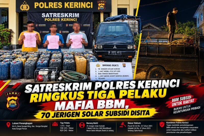 Polres Kerinci mengungkap dugaan penyalahgunaan BBM subsidi dengan mengamankan tiga tersangka dan menyita 70 jerigen solar subsidi beserta kendaraan pikap yang telah dimodifikasi di wilayah Kota Sungai Penuh.