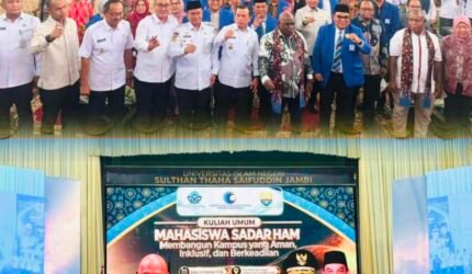 Wali Kota Sungai Penuh Alfin bersama Menteri HAM Natalius Pigai dalam kegiatan penandatanganan MoU program HAM di Jambi.