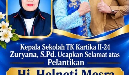 Kepala TK Kartika II-24 Kota Sungai Penuh Zuryana, S.Pd., menyampaikan ucapan selamat atas pelantikan Hj. Helneti Mesra, S.Pd., sebagai anggota DPRD Kota Sungai Penuh periode 2024–2029.