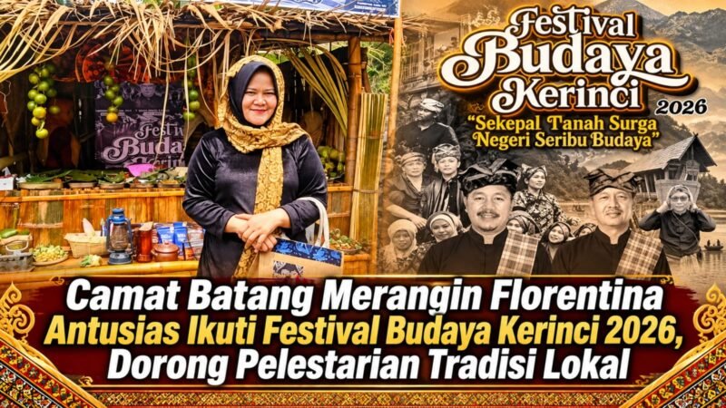 Camat Batang Merangin, Florentina, saat mengunjungi stan budaya Kecamatan Batang Merangin dalam Festival Budaya Kerinci 2026 yang mengusung tema “Sekepal Tanah Surga Negeri Seribu Budaya”, di Dermaga Danau Kerinci.