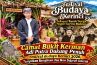 Camat Bukit Kerman, Adi Putra, S.Pt., bersama keluarga besar Kecamatan Bukit Kerman berpartisipasi dalam Festival Budaya Kerinci 2026 dengan menampilkan kerajinan tangan, produk unggulan, serta pengenalan situs batu granit yang memiliki nilai sejarah.