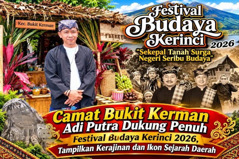 Camat Bukit Kerman, Adi Putra, S.Pt., bersama keluarga besar Kecamatan Bukit Kerman berpartisipasi dalam Festival Budaya Kerinci 2026 dengan menampilkan kerajinan tangan, produk unggulan, serta pengenalan situs batu granit yang memiliki nilai sejarah. 