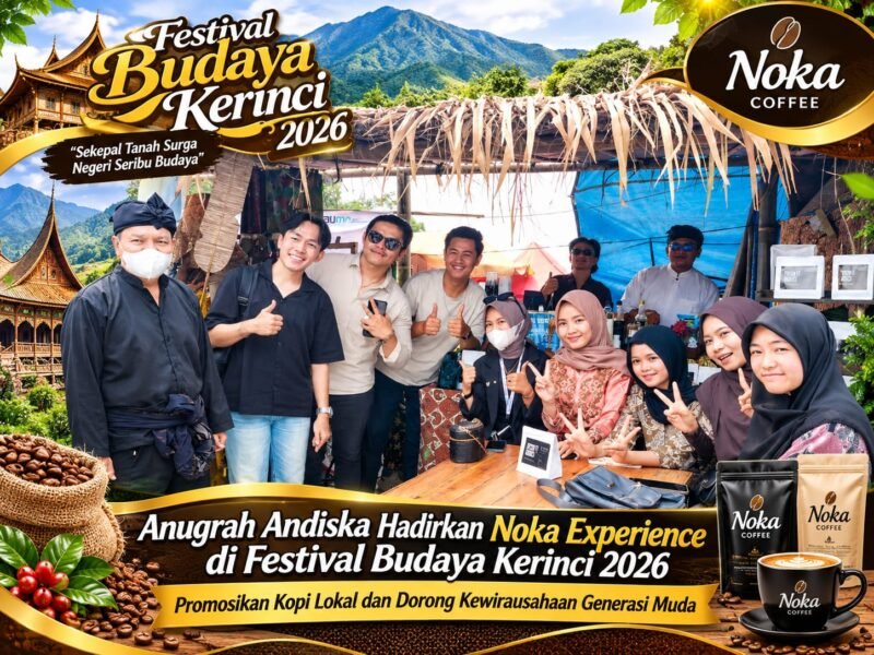 Ketua Umum HIPMI Kabupaten Kerinci, Anugra Andiska, menghadirkan stand Noka Experience dalam Festival Budaya Kerinci 2026. Stand ini mempromosikan kopi khas Kerinci sekaligus mendorong semangat kewirausahaan generasi muda dan pengembangan produk unggulan daerah.