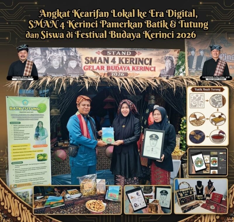 Stand SMAN 4 Kerinci menampilkan batik buah tutung dan berbagai karya kreatif siswa sebagai upaya melestarikan kearifan lokal serta memperkenalkan budaya Kerinci di Festival Budaya Kerinci 2026.
