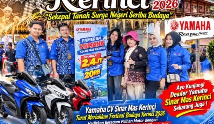 Stan pameran Yamaha CV Sinar Mas Kerinci dalam memeriahkan Festival Budaya Kerinci 2026 dengan beragam pilihan sepeda motor dan promo menarik.