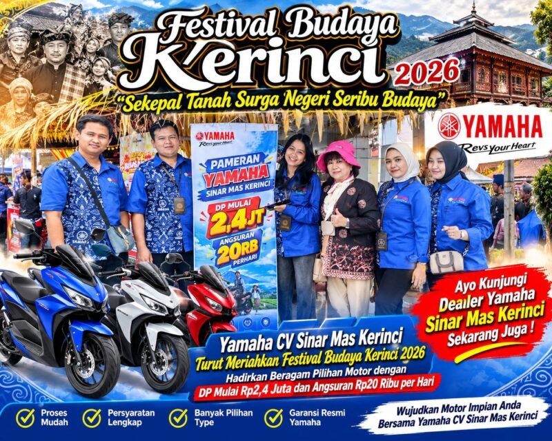 Yamaha CV Sinar Mas Kerinci turut memeriahkan Festival Budaya Kerinci 2026 melalui stan pameran sepeda motor Yamaha. Pengunjung dapat melihat berbagai pilihan tipe motor serta memperoleh informasi promo DP mulai Rp2,4 juta dan angsuran mulai Rp20 ribu per hari sesuai ketentuan pembiayaan yang berlaku.