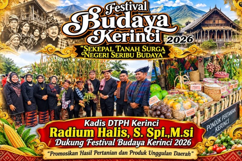 Festival Budaya Kerinci 2026 menjadi momentum untuk memperkenalkan potensi pertanian Kabupaten Kerinci. Kadis DTPH Radium Halis mendukung promosi buah-buahan, sayuran, dan berbagai hasil pertanian lokal agar semakin dikenal luas.