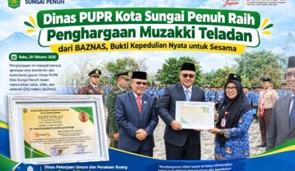 Dinas PUPR Kota Sungai Penuh menerima penghargaan Muzakki Teladan dari BAZNAS pada 28 Oktober 2026.
